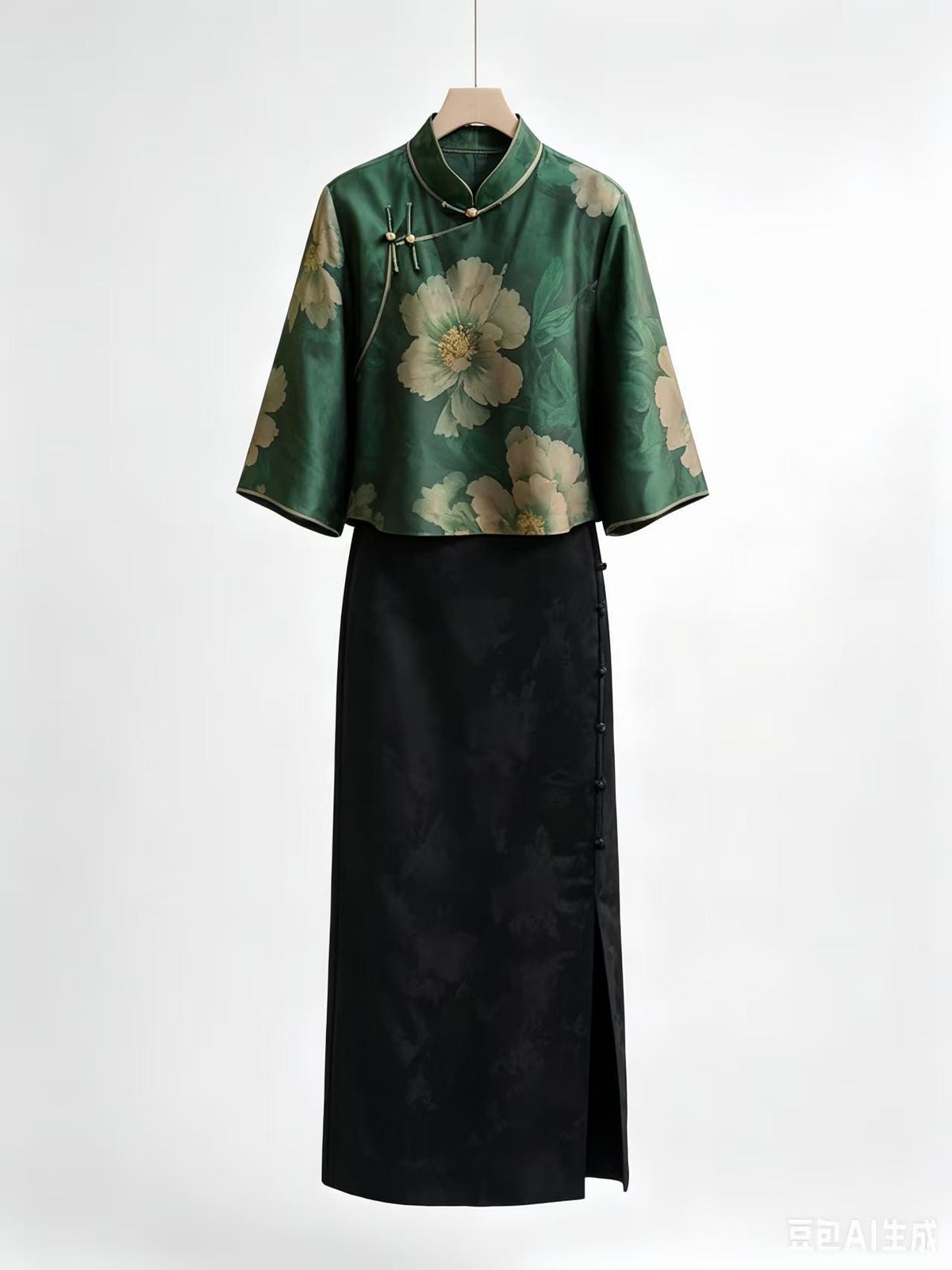 Green Xiangyun Silk Qipao Two-Piece Set – additional product view
