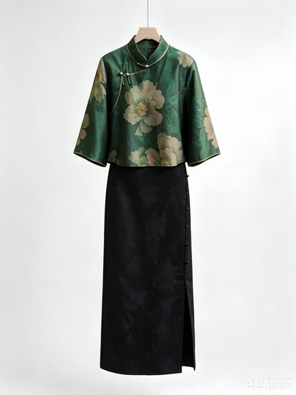 Green Xiangyun Silk Qipao Two-Piece Set – additional product view
