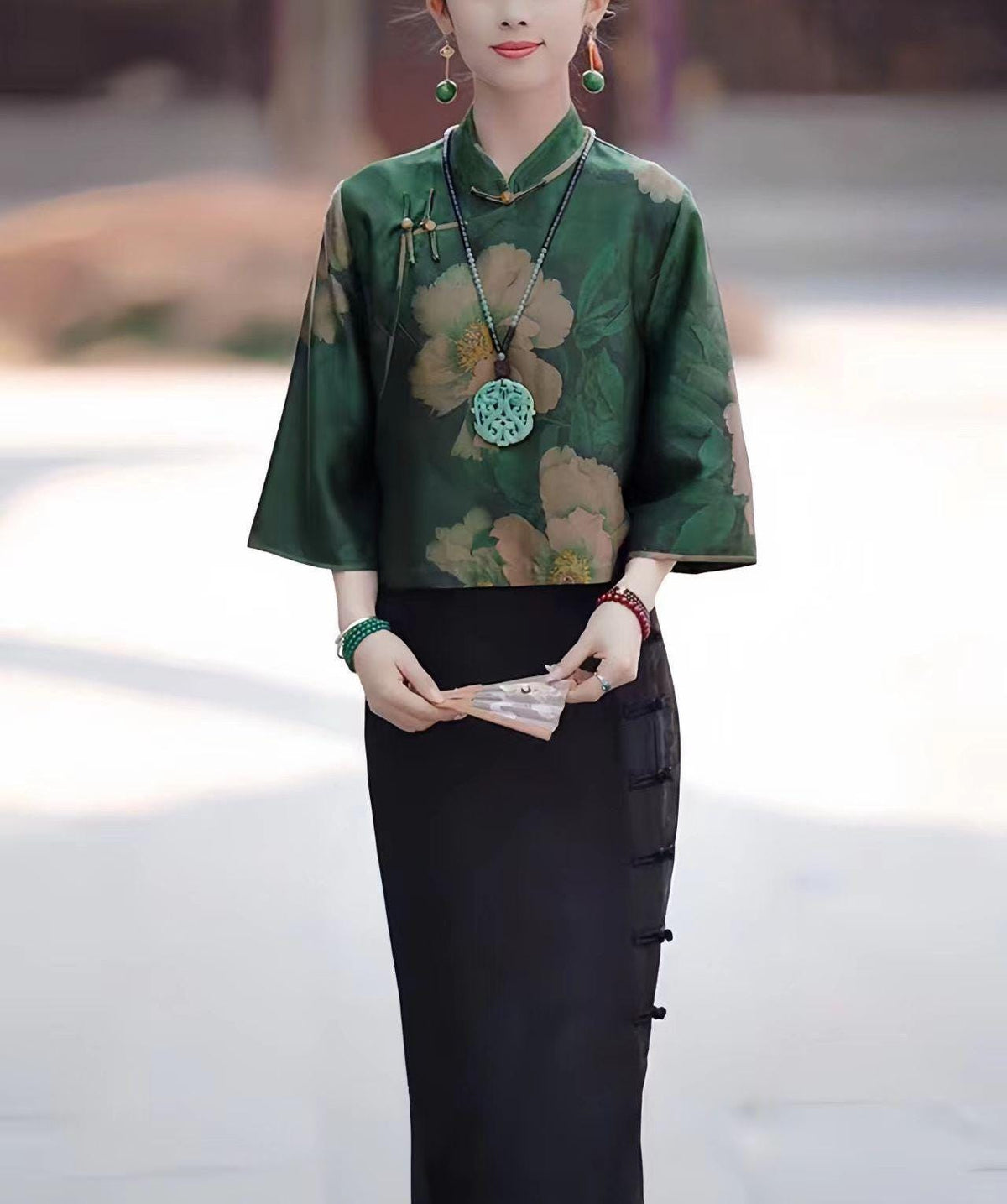 Green Xiangyun Silk Qipao Two-Piece Set