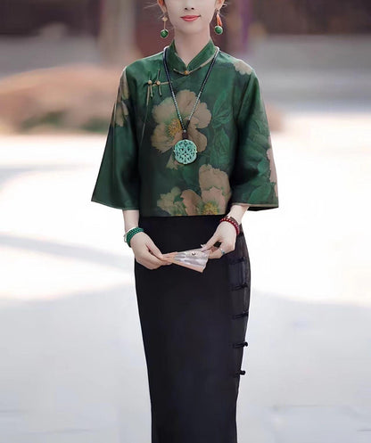 Green Xiangyun Silk Qipao Two-Piece Set