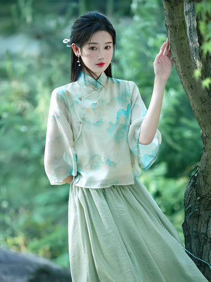 Women's Green Elegant Modern Hanfu Set – additional product view