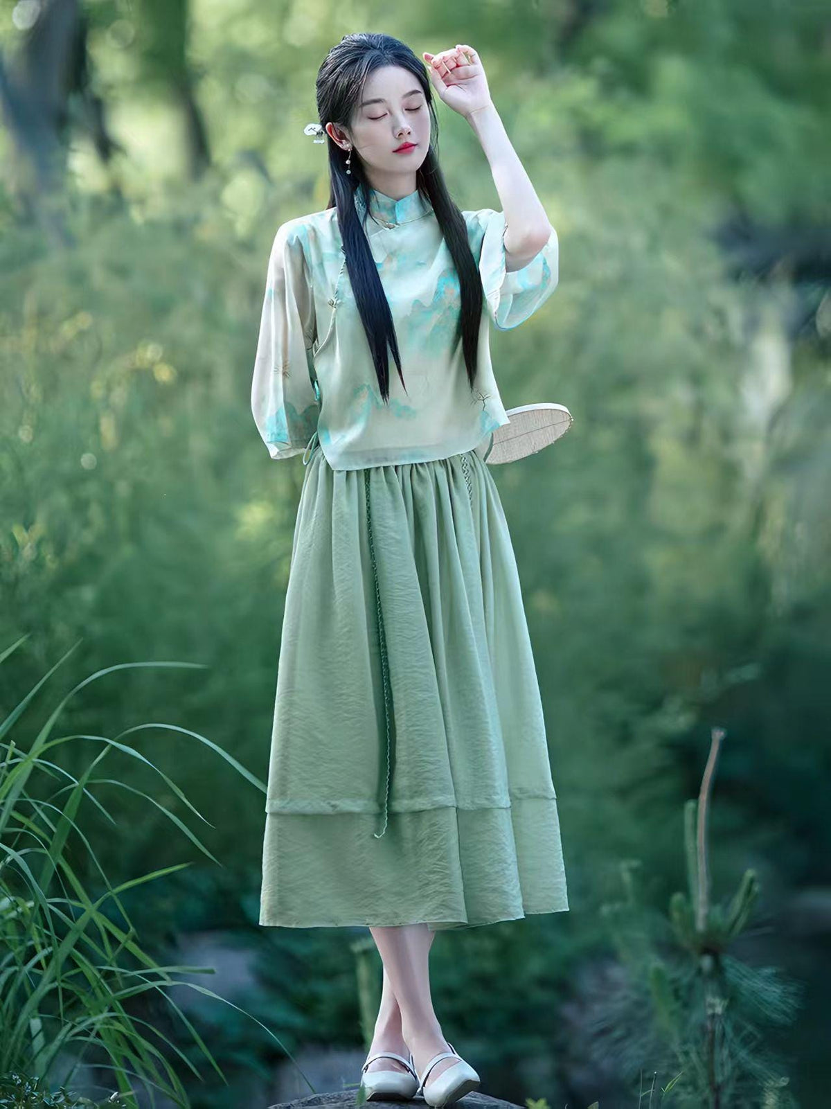 Women's Green Elegant Modern Hanfu Set – additional product view