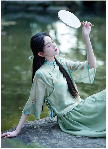 Women's Green Elegant Modern Hanfu Set