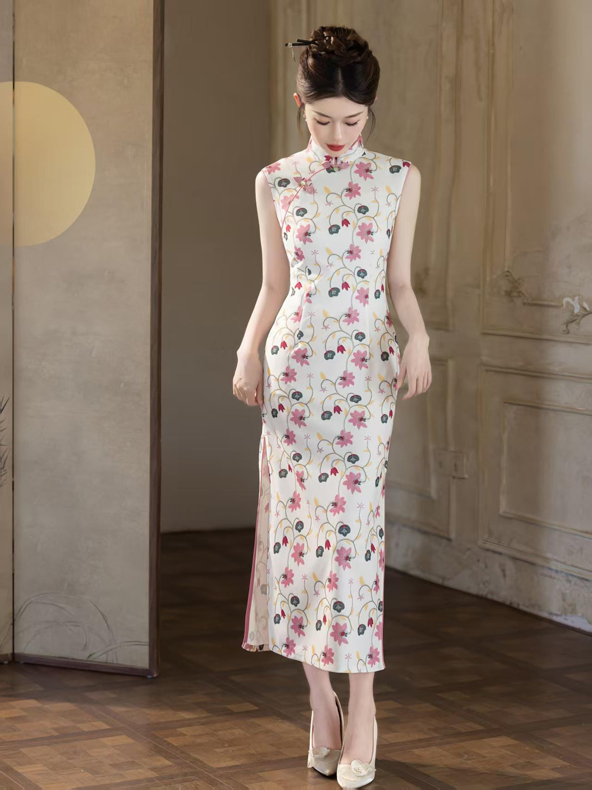 Women's White Floral Qipao Cheongsam Dress – Sleeveless Maxi – additional product view