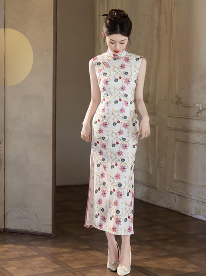 Women's White Floral Qipao Cheongsam Dress – Sleeveless Maxi – additional product view
