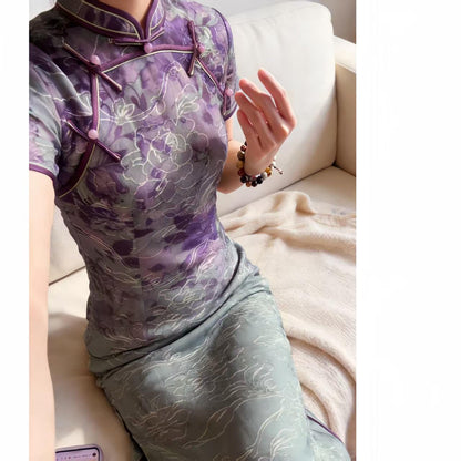 Women's Purple Floral Qipao Cheongsam Dress – Maxi – additional product view