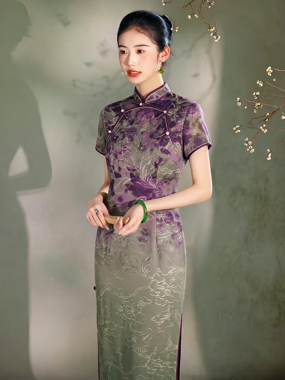 Women's Purple Floral Qipao Cheongsam Dress – Maxi – additional product view