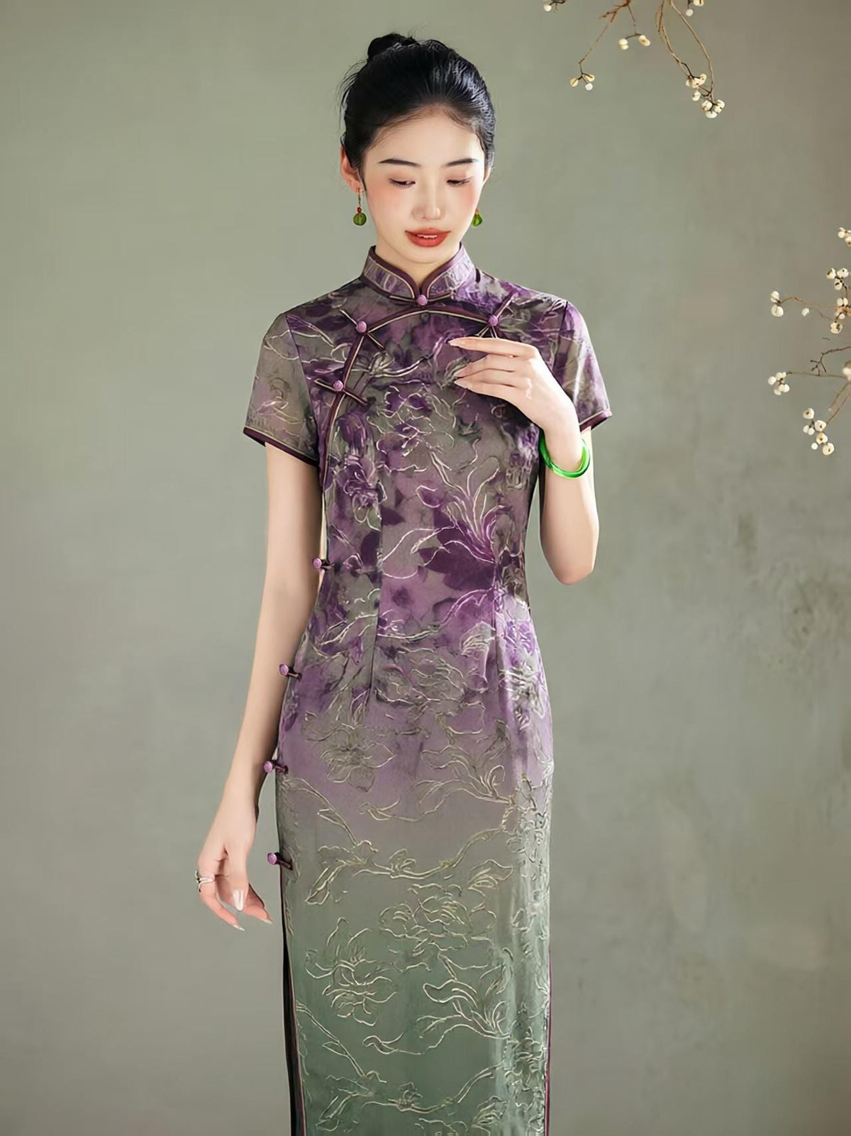 Women's Purple Floral Qipao Cheongsam Dress – Maxi – additional product view