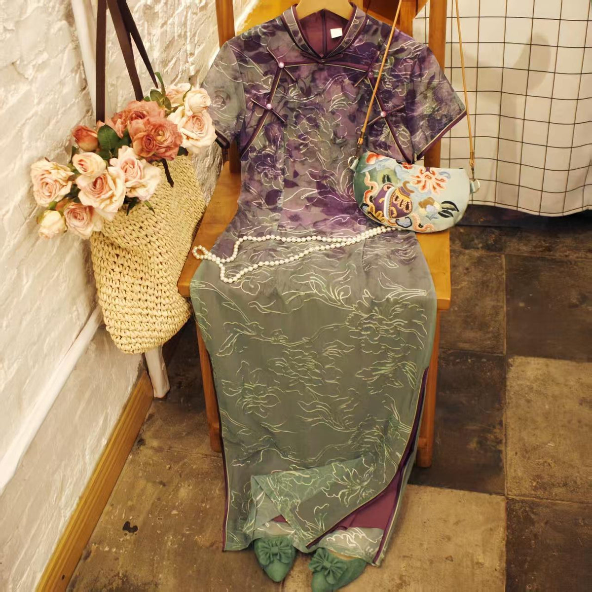 Women's Purple Floral Qipao Cheongsam Dress – Maxi – additional product view