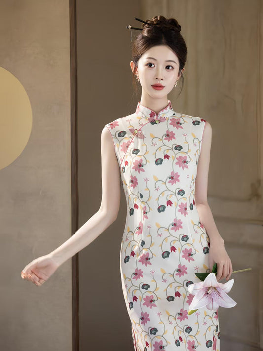 Women's White Floral Qipao Cheongsam Dress – Sleeveless Maxi