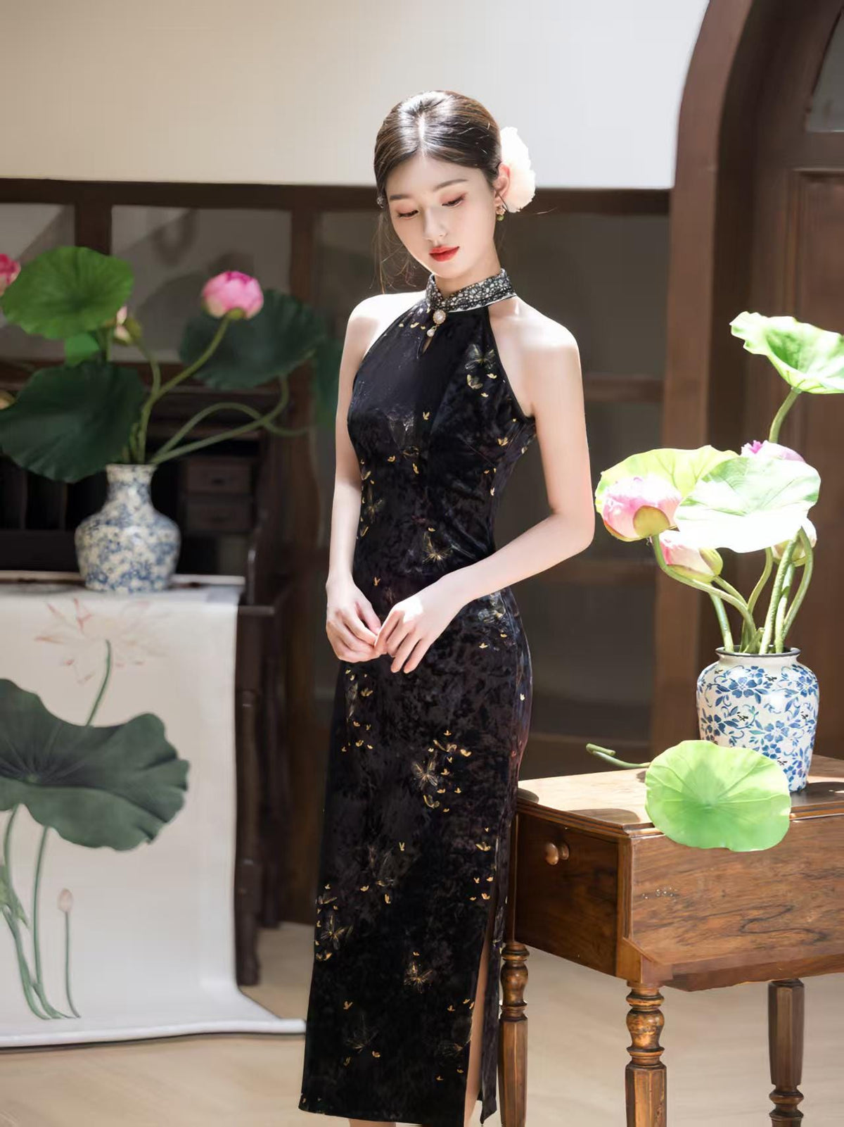 Women's Black Floral Qipao Cheongsam Dress – additional product view