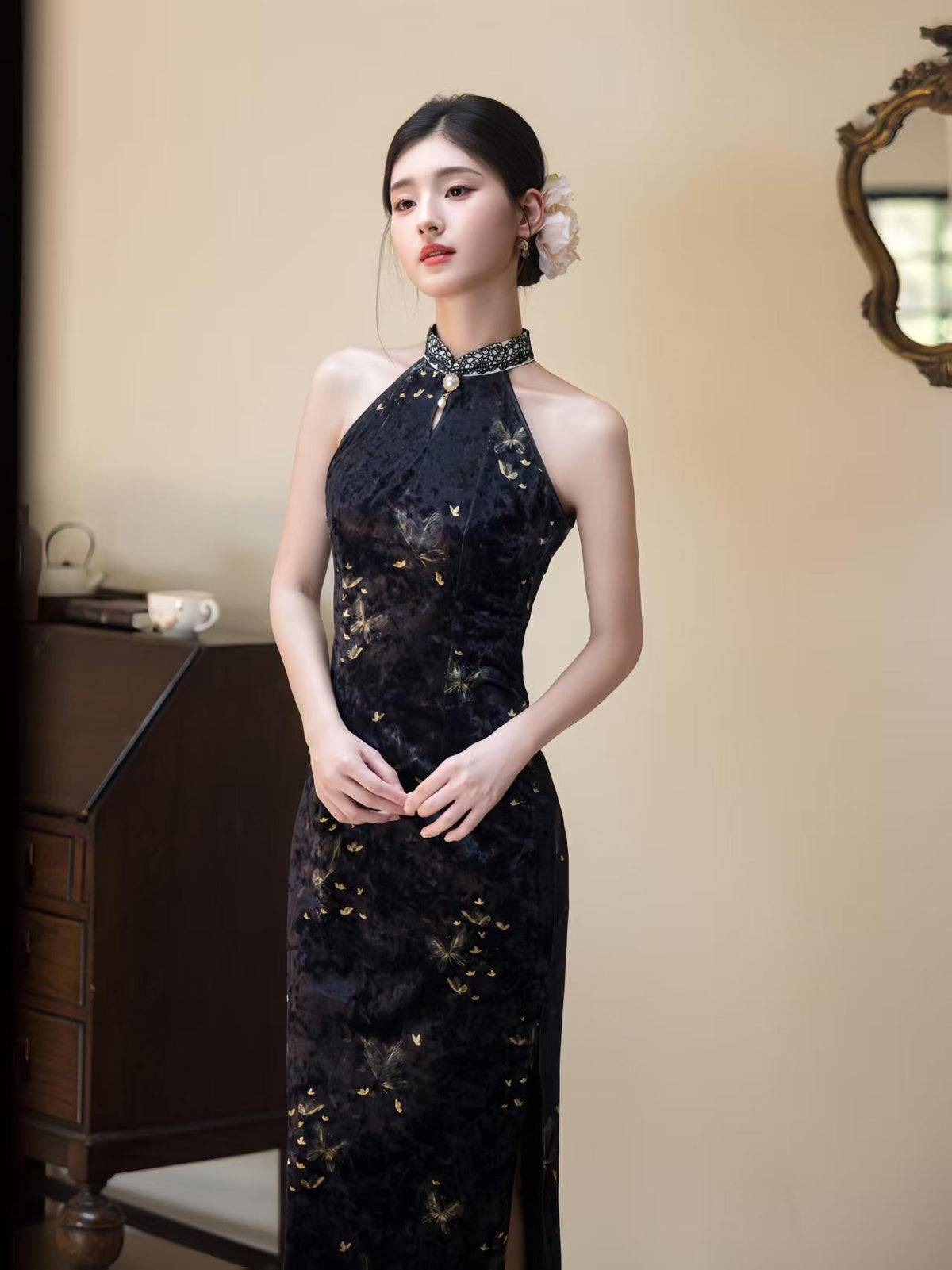 Women's Black Floral Qipao Cheongsam Dress – additional product view