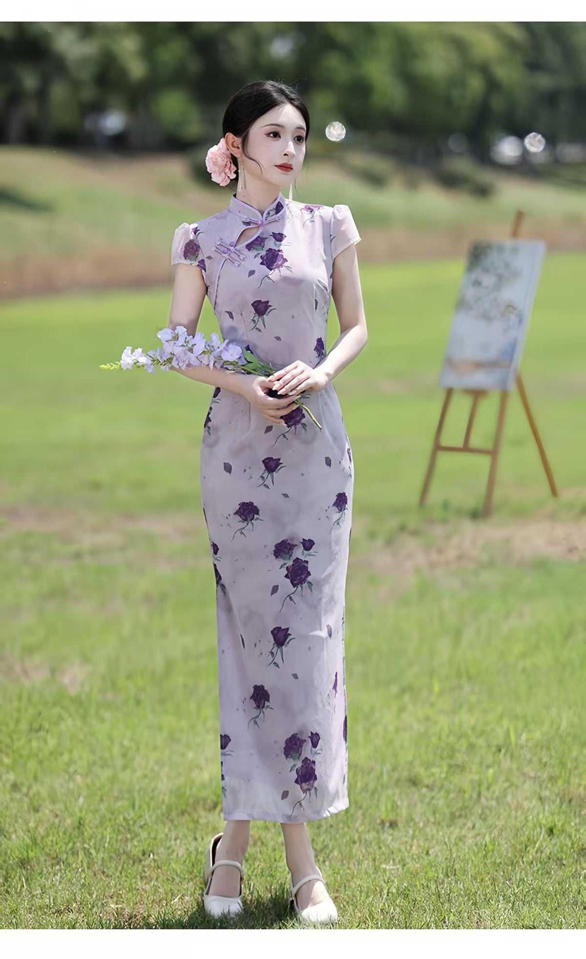 Women's Pink Floral Qipao Cheongsam Dress – Maxi Fitted – additional product view