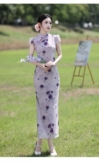 Women's Pink Floral Qipao Cheongsam Dress – Maxi Fitted – additional product view