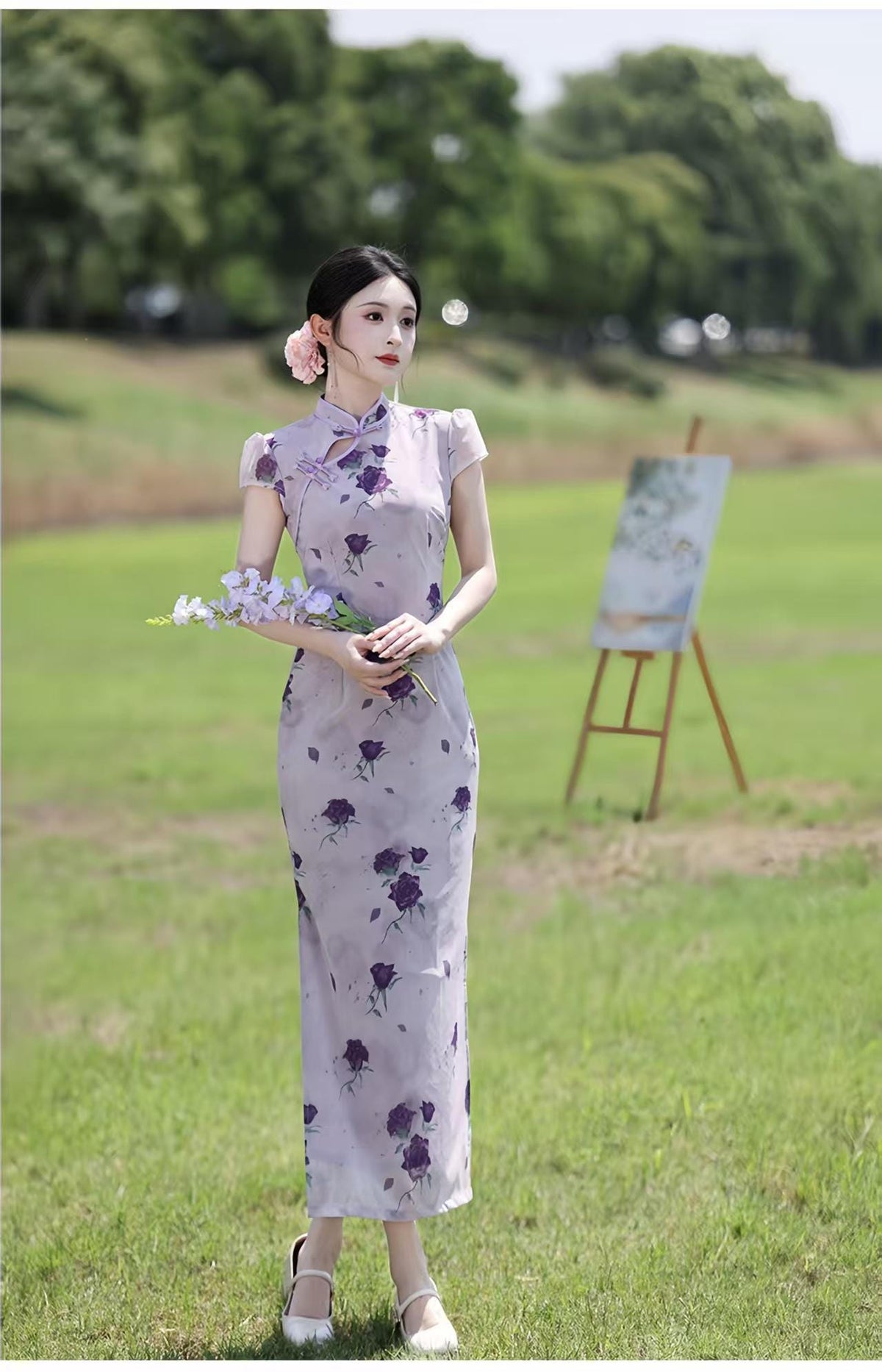 Women's Pink Floral Qipao Cheongsam Dress – Maxi Fitted – additional product view