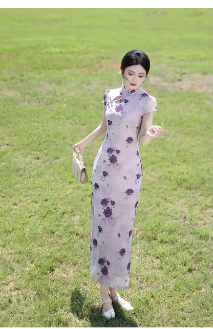 Women's Pink Floral Qipao Cheongsam Dress – Maxi Fitted – additional product view