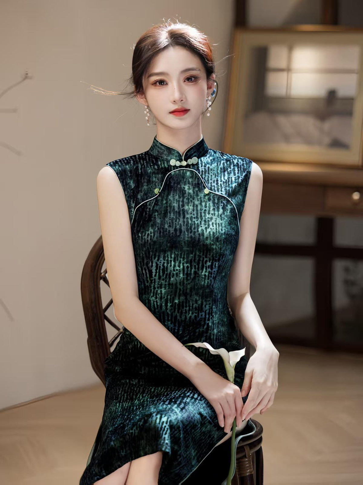 Women's Green Vintage Qipao Cheongsam Dress – Sleeveless Fitted – additional product view