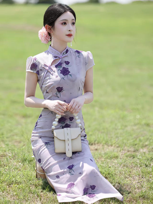 Women's Pink Floral Qipao Cheongsam Dress – Maxi Fitted