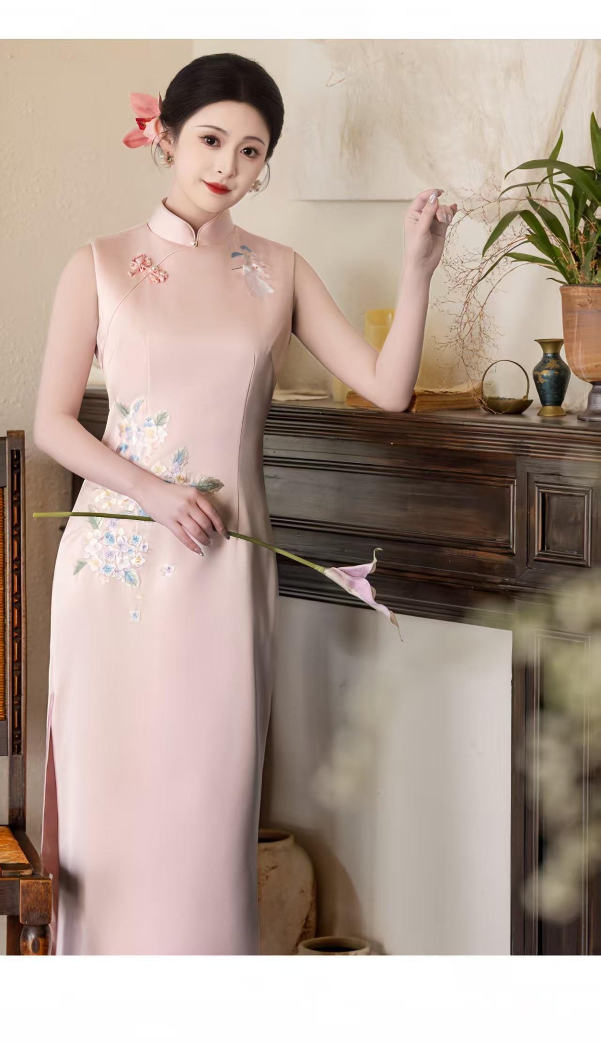 Women's Pink Floral Qipao Cheongsam Dress – Maxi – additional product view