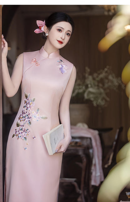 Women's Pink Floral Qipao Cheongsam Dress – Maxi – additional product view