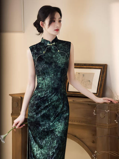Women's Green Vintage Qipao Cheongsam Dress – Sleeveless Fitted