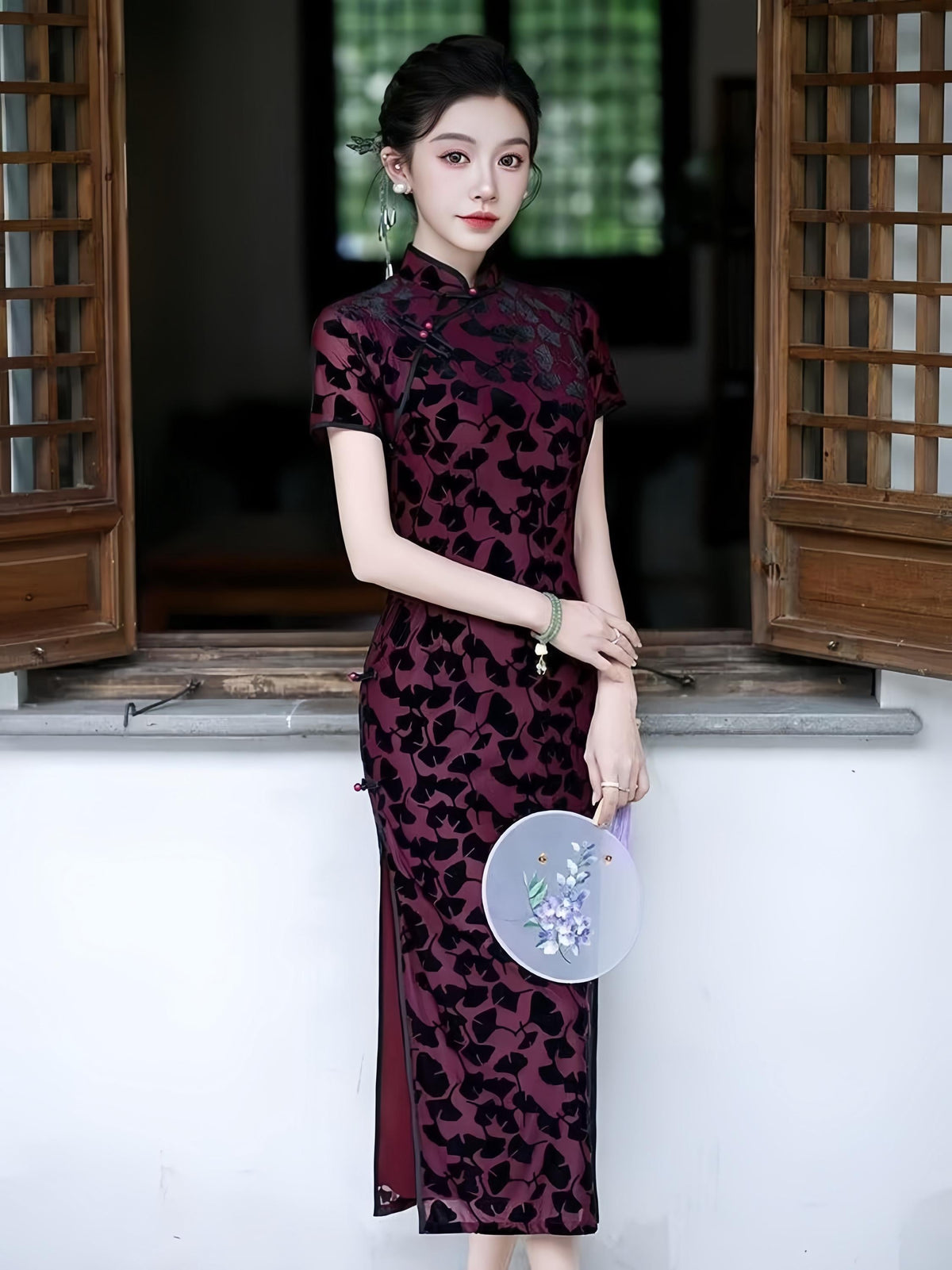 Women's Black Vintage Velvet Qipao Cheongsam Dress – Maxi Fitted – additional product view