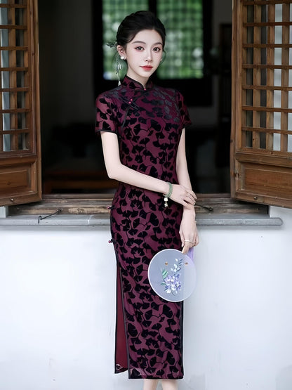 Women's Black Vintage Velvet Qipao Cheongsam Dress – Maxi Fitted – additional product view