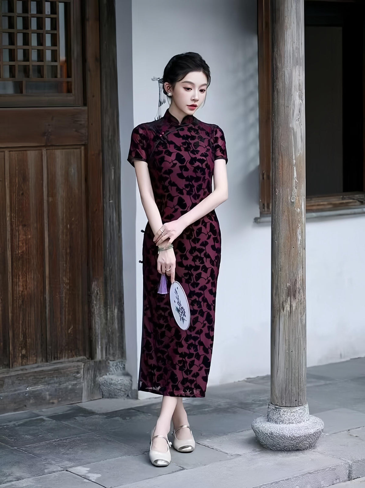Women's Black Vintage Velvet Qipao Cheongsam Dress – Maxi Fitted – additional product view