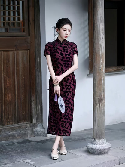 Women's Black Vintage Velvet Qipao Cheongsam Dress – Maxi Fitted – additional product view
