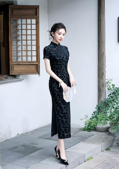 Women's Black Vintage Velvet Qipao Cheongsam Dress – Maxi Fitted – additional product view