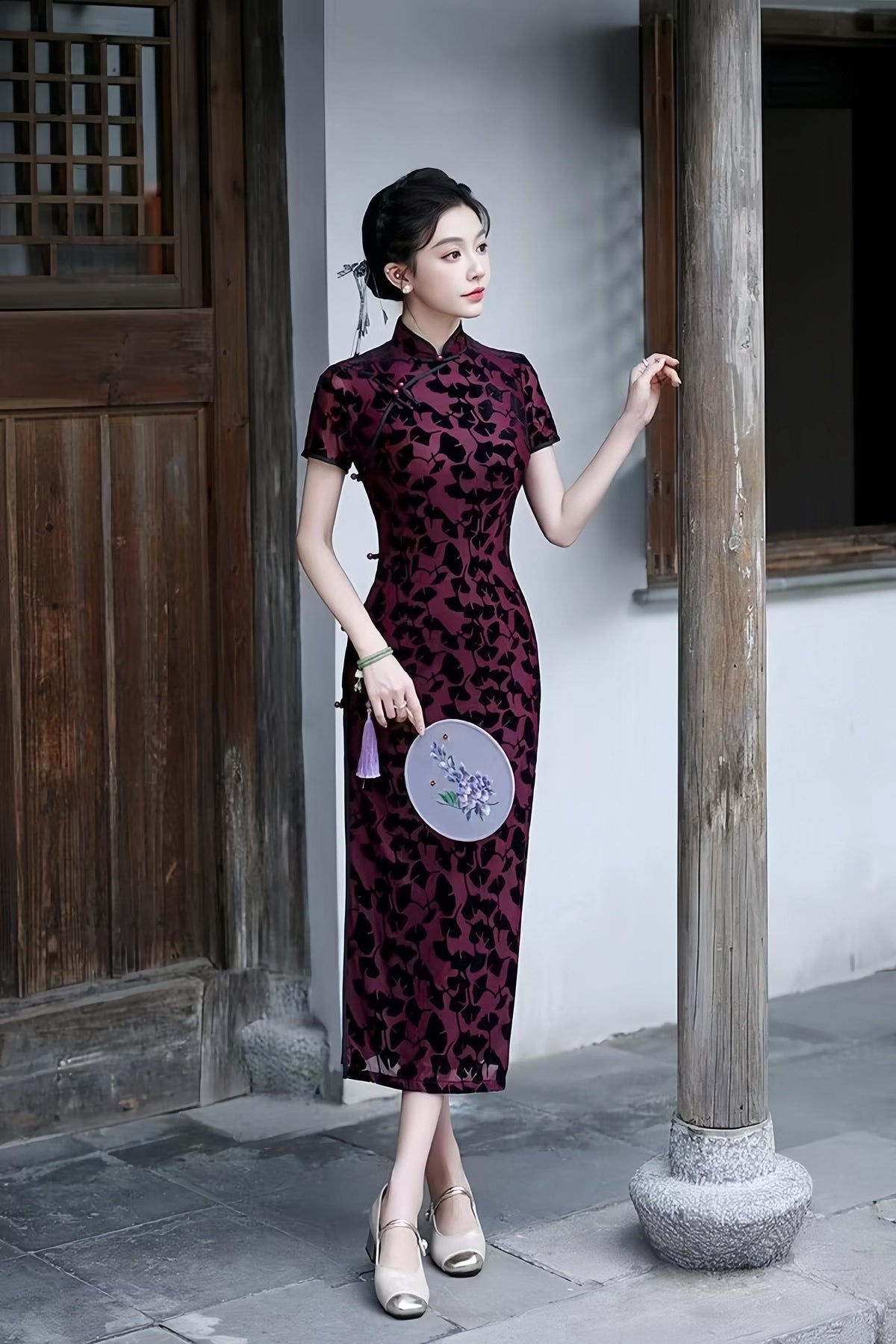 Women's Black Vintage Velvet Qipao Cheongsam Dress – Maxi Fitted – additional product view