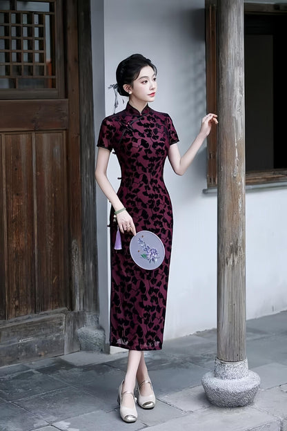 Women's Black Vintage Velvet Qipao Cheongsam Dress – Maxi Fitted – additional product view