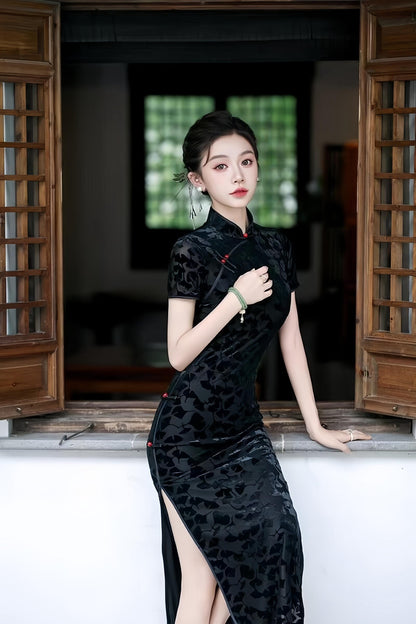 Women's Black Vintage Velvet Qipao Cheongsam Dress – Maxi Fitted – additional product view