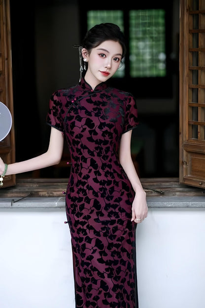 Women's Black Vintage Velvet Qipao Cheongsam Dress – Maxi Fitted