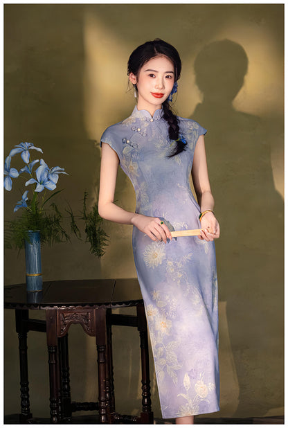 Women's Blue Floral Qipao Cheongsam Dress – Linen Maxi – additional product view
