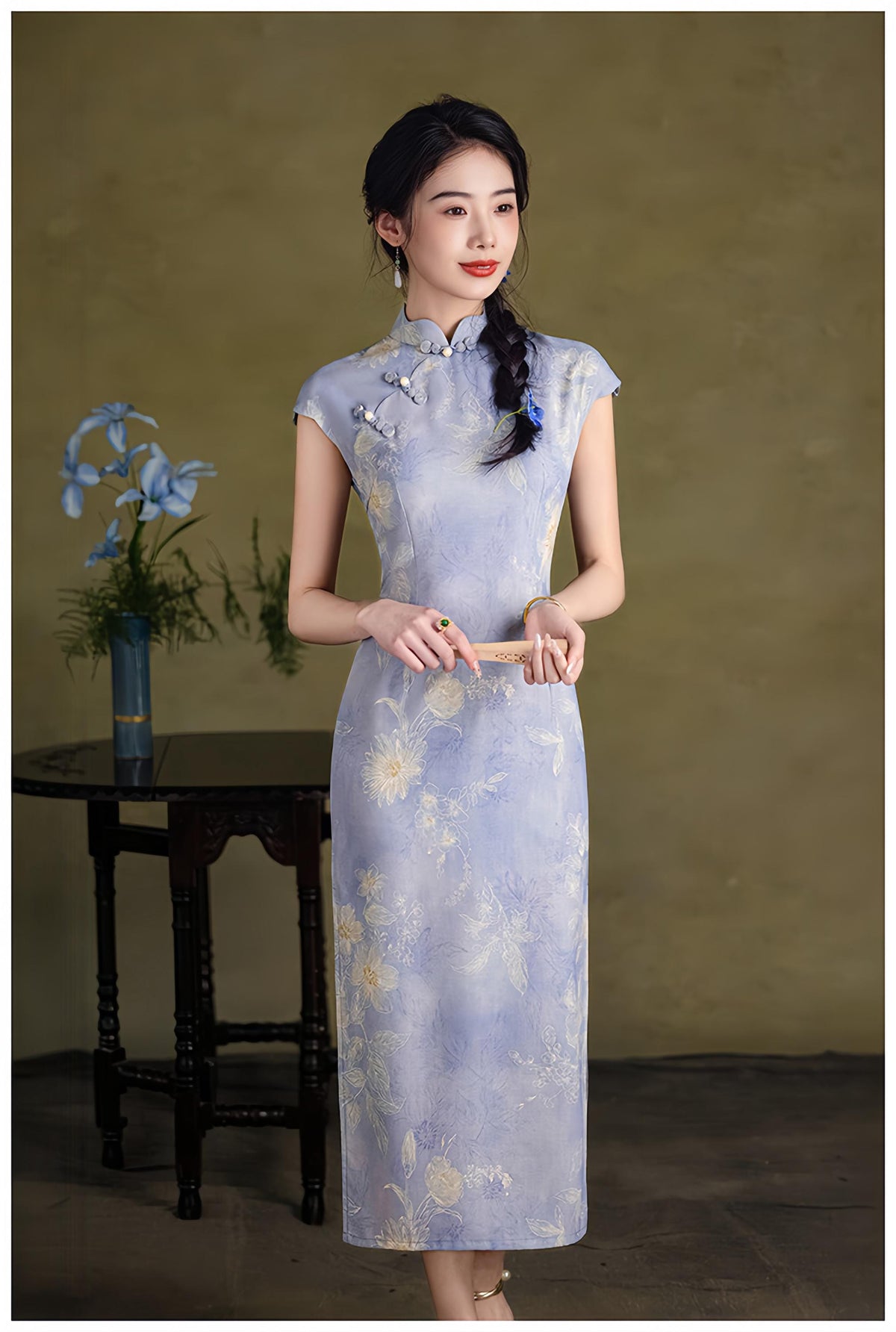 Women's Blue Floral Qipao Cheongsam Dress – Linen Maxi – additional product view