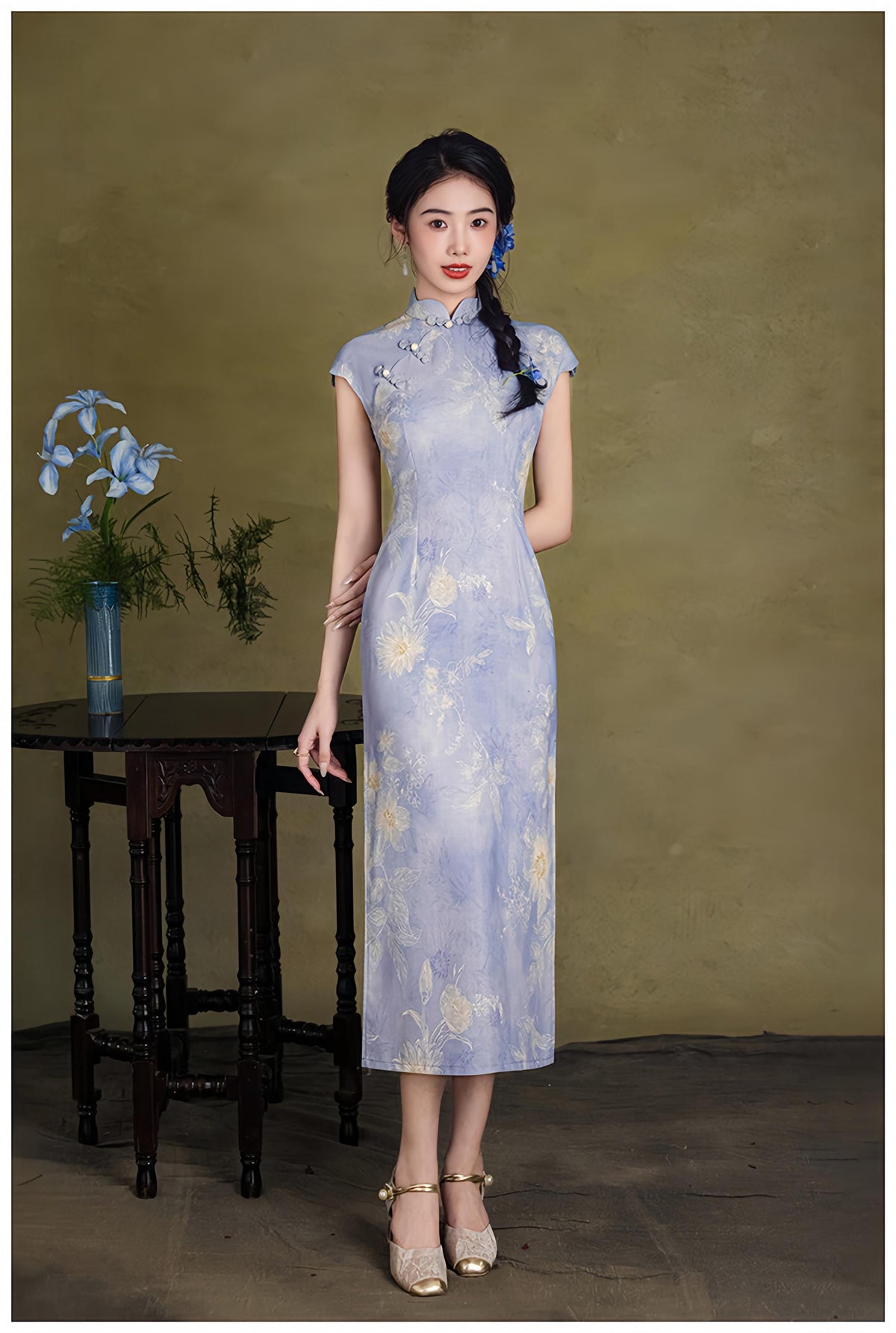Women's Blue Floral Qipao Cheongsam Dress – Linen Maxi – additional product view