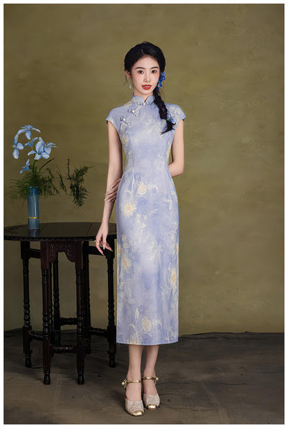Women's Blue Floral Qipao Cheongsam Dress – Linen Maxi – additional product view