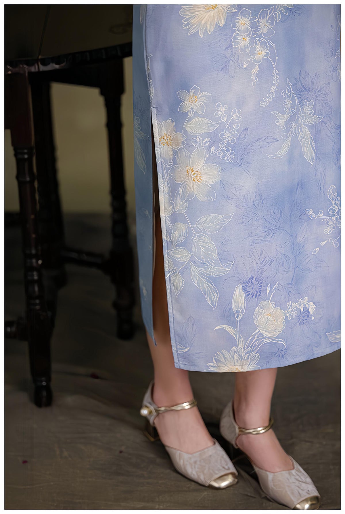 Women's Blue Floral Qipao Cheongsam Dress – Linen Maxi – additional product view