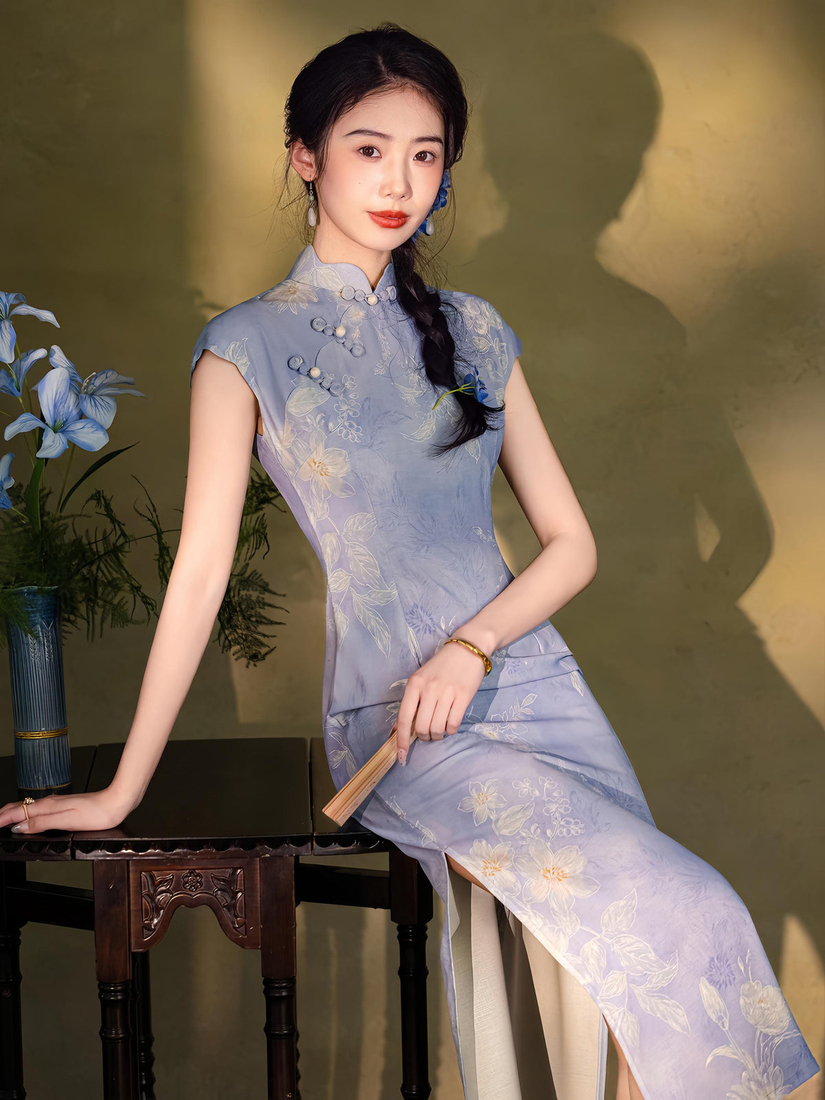 Women's Blue Floral Qipao Cheongsam Dress – Linen Maxi