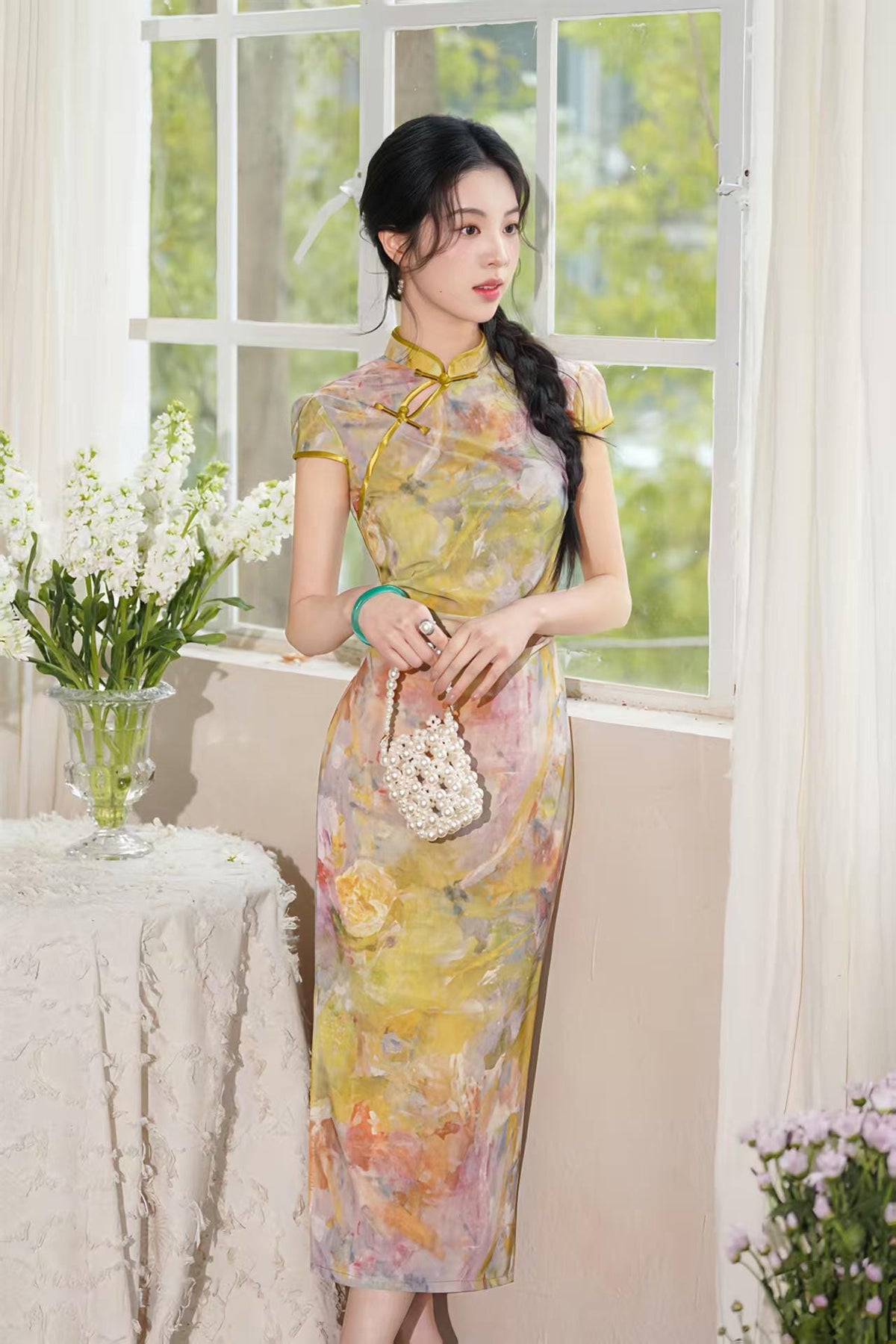Women's Floral Qipao Cheongsam Dress – Yellow Midi Mandarin Collar – additional product view