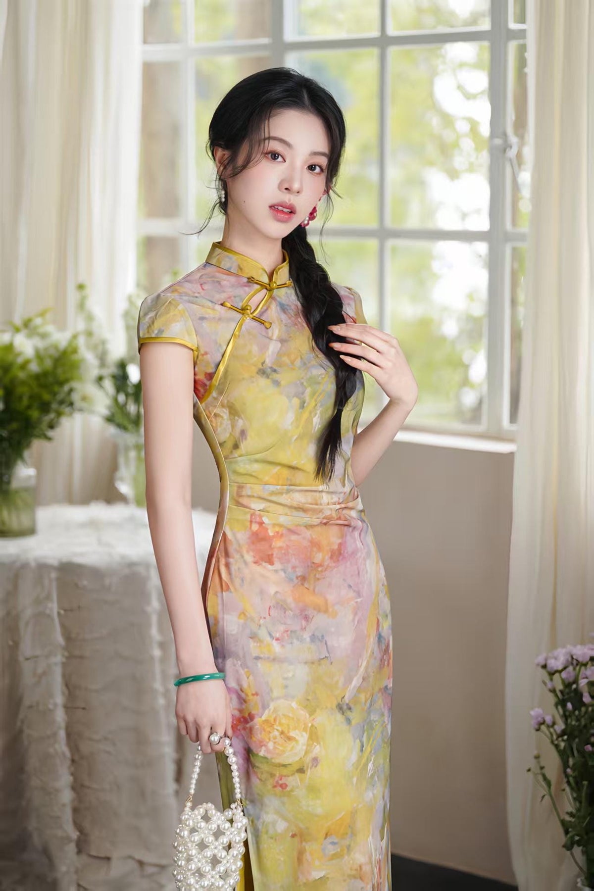 Women's Floral Qipao Cheongsam Dress – Yellow Midi Mandarin Collar – additional product view