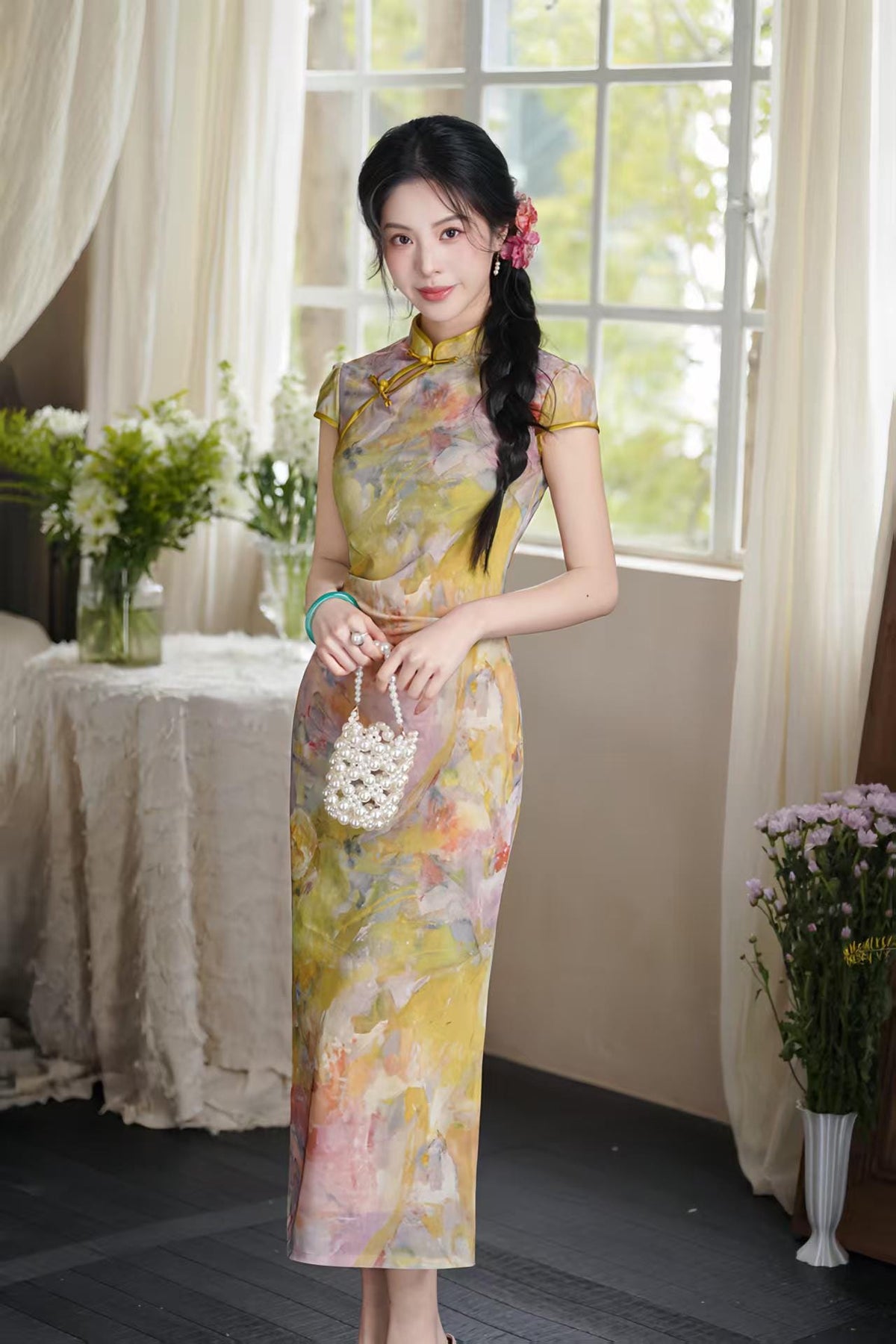 Women's Floral Qipao Cheongsam Dress – Yellow Midi Mandarin Collar – additional product view