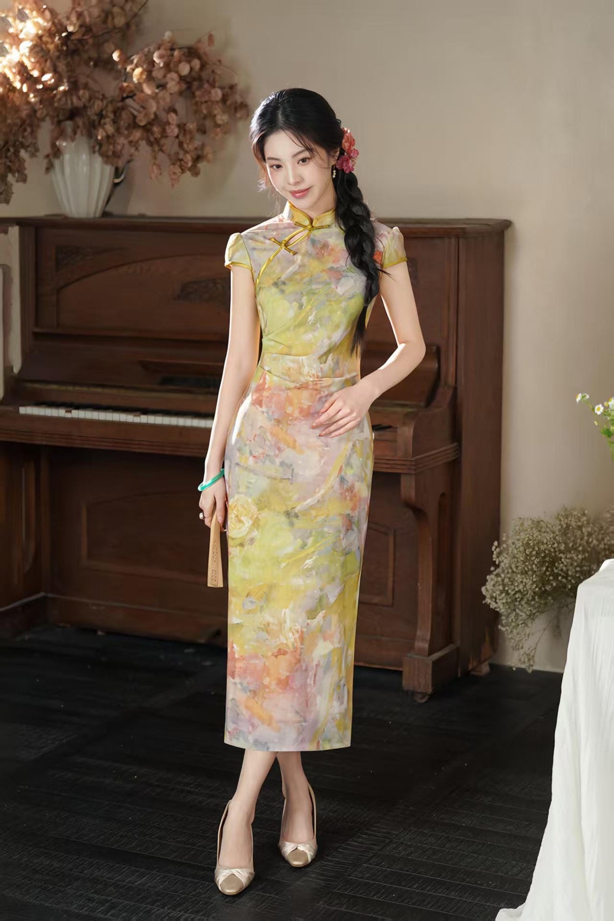 Women's Floral Qipao Cheongsam Dress – Yellow Midi Mandarin Collar – additional product view