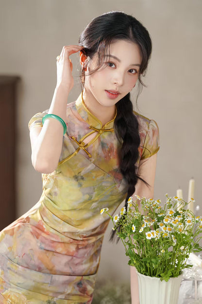 Women's Floral Qipao Cheongsam Dress – Yellow Midi Mandarin Collar – additional product view