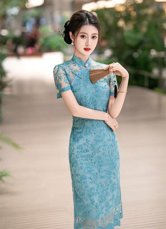 Women's Blue Floral Lace Qipao Cheongsam Dress – Midi