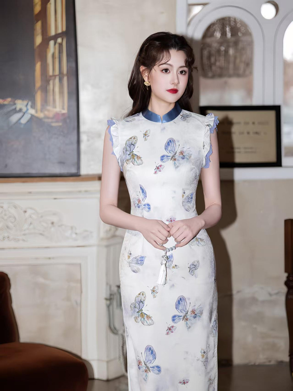 Women's Blue Vintage Qipao Cheongsam Dress – Butterfly Long Fitted – additional product view