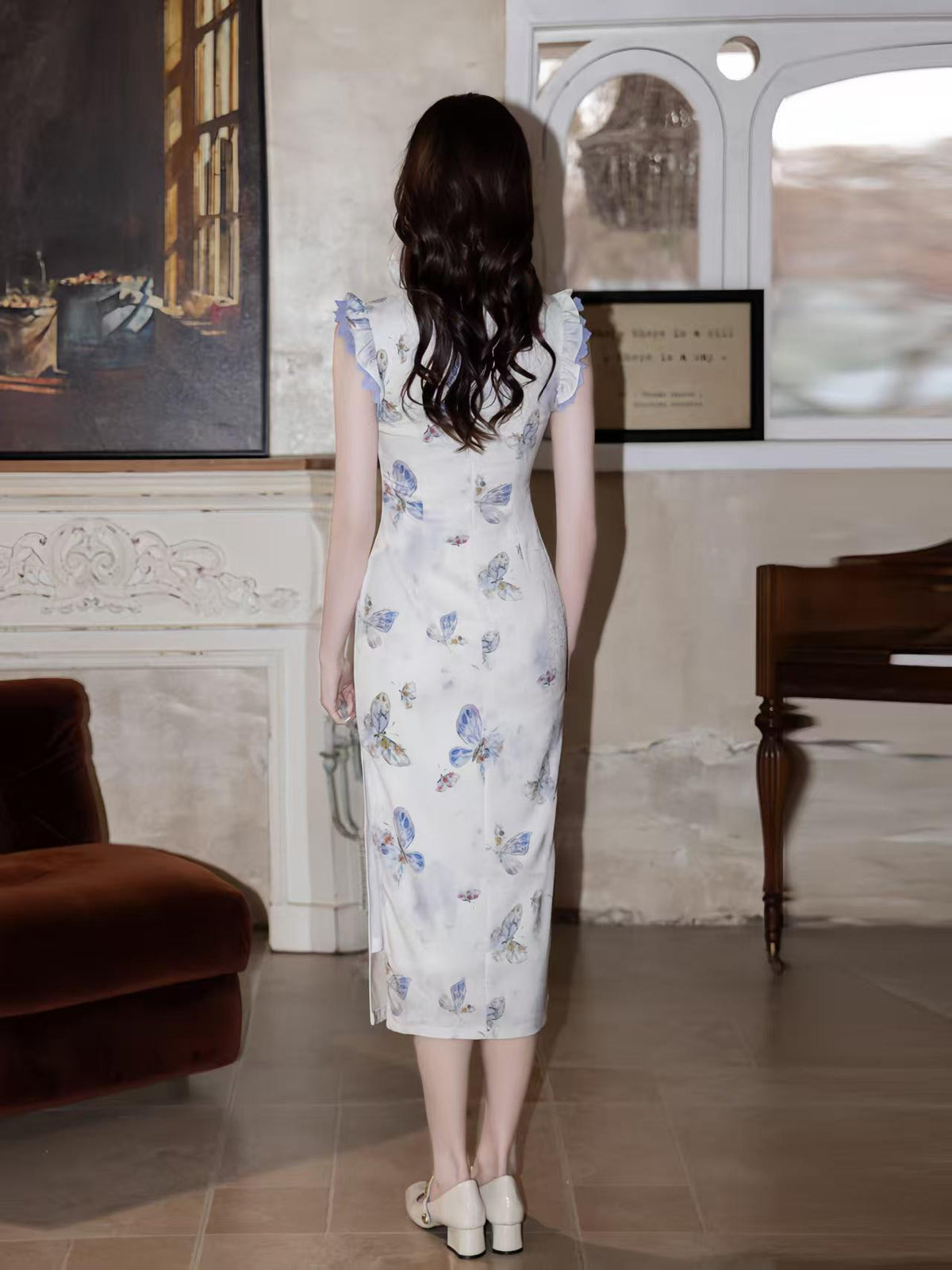 Women's Blue Vintage Qipao Cheongsam Dress – Butterfly Long Fitted – additional product view