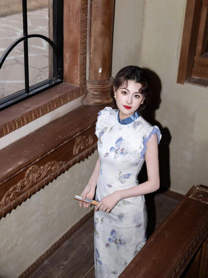Women's Blue Vintage Qipao Cheongsam Dress – Butterfly Long Fitted – additional product view