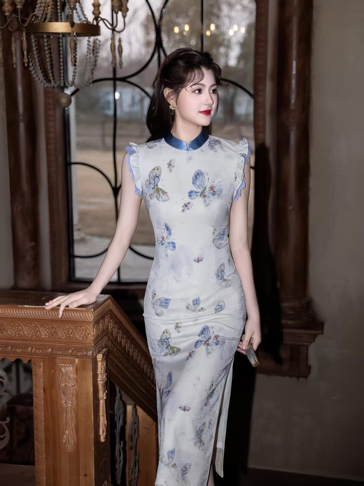 Women's Blue Vintage Qipao Cheongsam Dress – Butterfly Long Fitted – additional product view